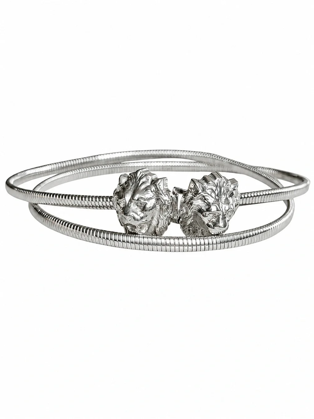 Vintage Silvertone Thin Stretch Belt Double Lion Head Buckle Retro Glam